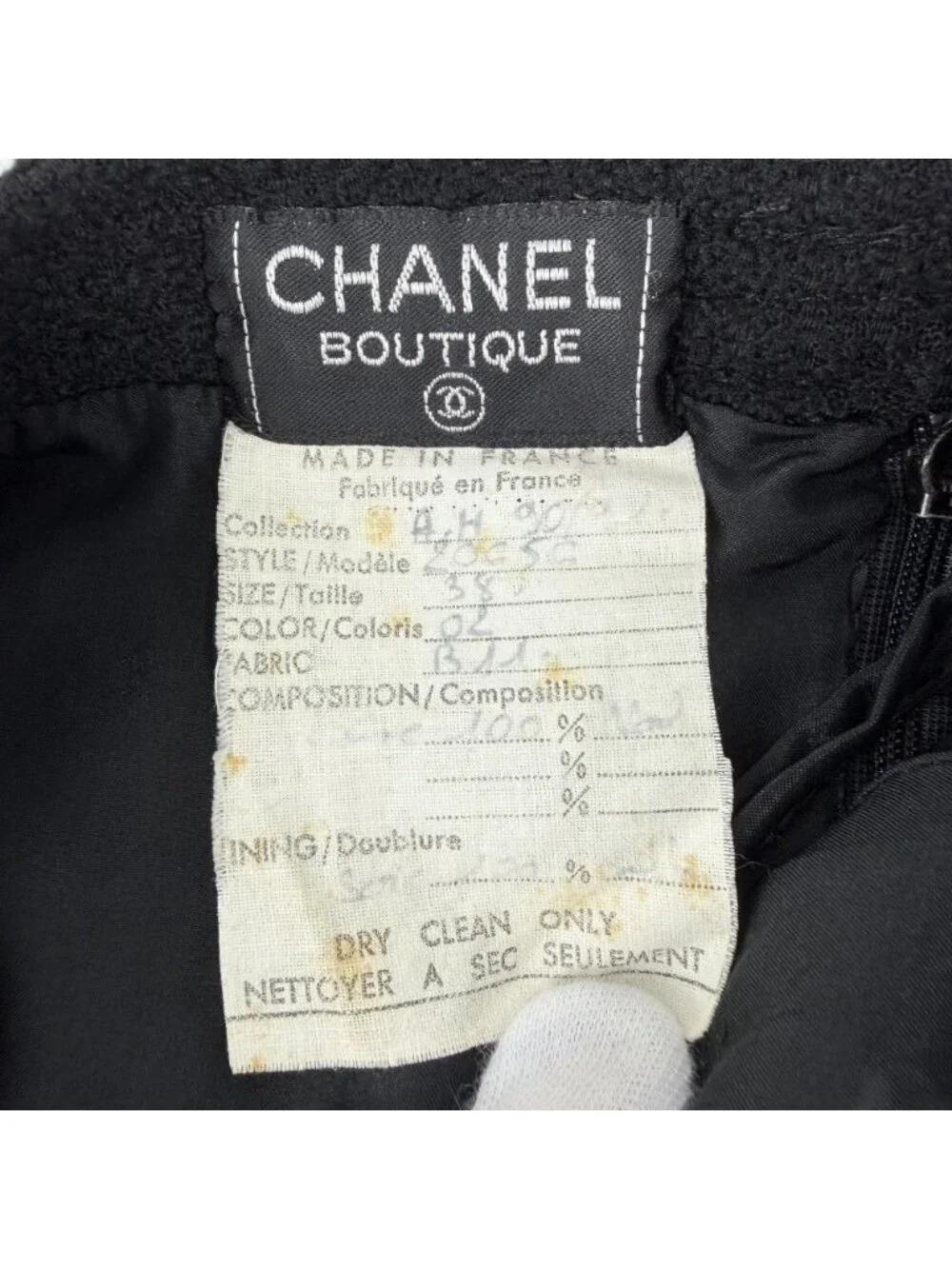 Chanel Set CC Logo Chain Collarless Jacket Skirt Vintage 38 Black Gold Wool